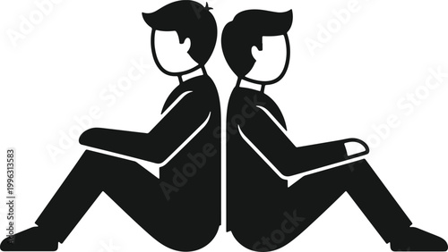 Two men sitting back to back looking in opposite directions isolated on grey background.