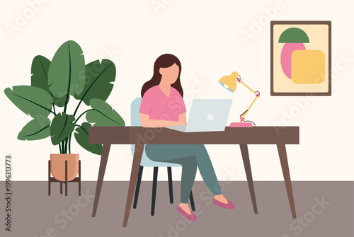 Girl working on laptop at desk, home office workspace, online work and freelance lifestyle concept, remote work environment, focused productivity, self-employed career, comfortable modern interior
