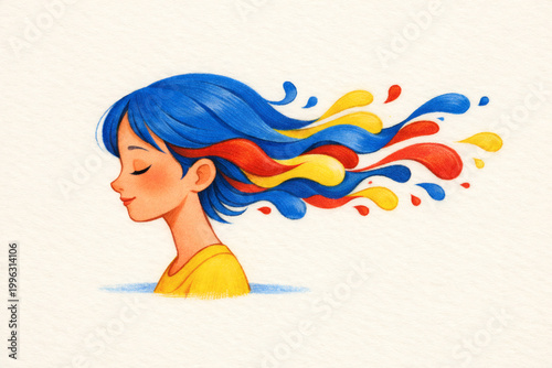 A serene female face with colorful paint splash hair flow art style