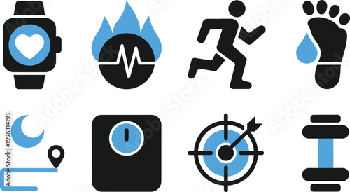 Fitness and Health Tracking Icons Set. Smartwatch, Heartbeat, Running, Target Vector Illustration