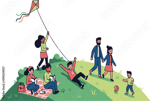 Cartoon family enjoying a sunny day at a green park with a kite, picnic, and frisbee picnic blanket