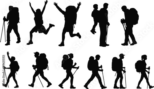 Black silhouette vector collection of active mountain hikers, trekking backpackers, and outdoor travel adventure people for nature graphic design projects.