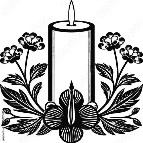 Black and white candle, floral arrangement, vector illustration, decorative design element