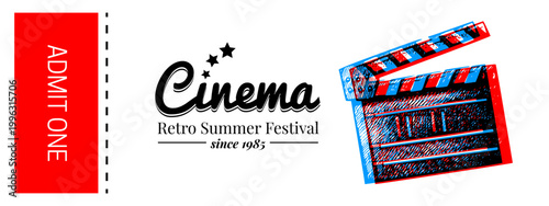 Sketch clapperboard, retro cinema ticket design. Movie background. Film studio, streaming platform, tv concept. Hand drawn isolated vector illustration.