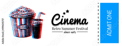 Sketch popcorn and drink, retro cinema ticket design. Movie background. Film studio, streaming platform, tv concept. Hand drawn isolated vector illustration.