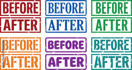 Colorful before and after stamps on white background for comparison