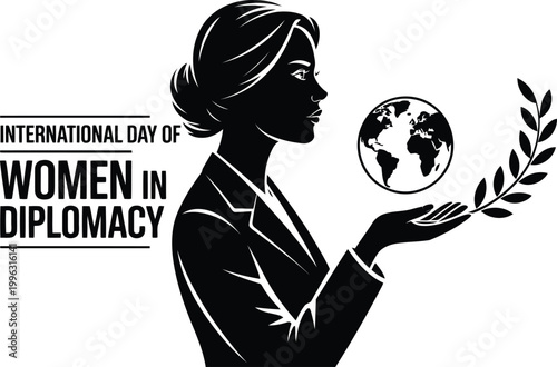 Businesswoman profile illustration holding a world globe and laurel branch for international day of women diplomacy