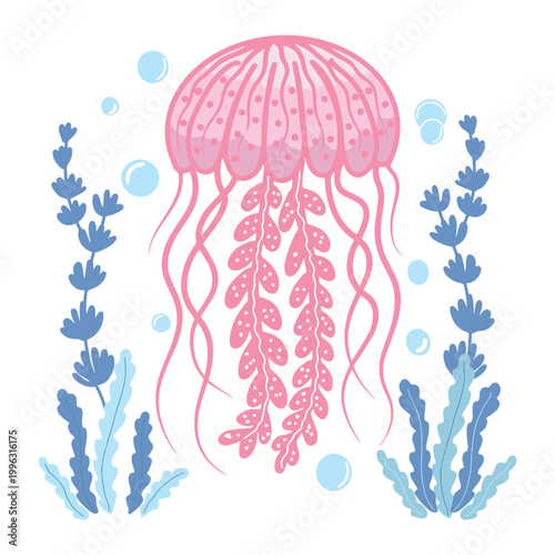 Stylized illustration of pink jellyfish with blue seaweed and bubbles. Perfect for banners, cards, invitations, stickers and kids decor.