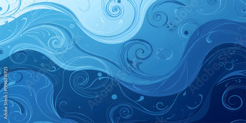 Seamless vector illustration featuring an abstract blue water wave design with floral swirls and sea splash patterns for a nature-inspired ocean backdrop or winter wallpaper element