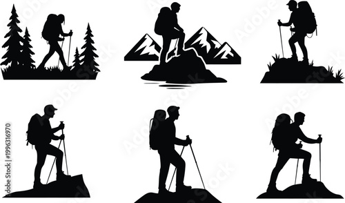 Set of hiking and trekking silhouettes with backpackers exploring mountains and forest landscapes isolated on white background representing adventure, travel, and outdoor lifestyle