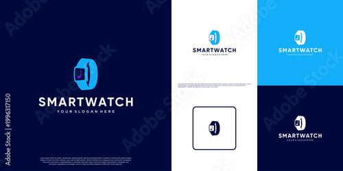 Minimalist silhouette logo of smart watch, with the concept of notes, music symbols, player, graphic design illustration.