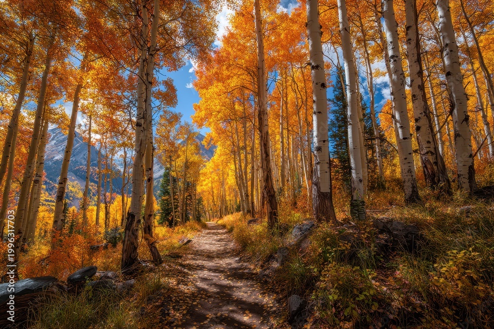 Obraz premium Scenic autumn grove of aspens beside a mountain trail under a clear blue sky