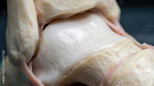 Shiny articular cartilage covering femur and tibia at knee joint, close up medical anatomy view showing smooth bone surface texture and ligament attachments