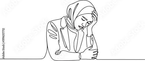 Continuous one line drawing Arab businesswoman despair suffer grief. Female manager sad gesture expression. one line art icon drawing vector