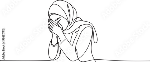 Continuous one line drawing Arab businesswoman despair suffer grief. Female manager sad gesture expression. one line art icon drawing vector