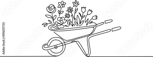 Bild auf Leinwand Flowers on wheel barrow outline drawing illustration