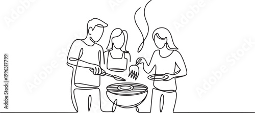Three friends having fun barbeque. Barbequing with friends or family concept. one line art icon drawing vector