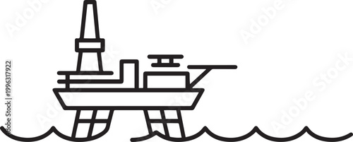 Offshore platforms are large structures used in the oil and gas industry to extract petroleum resources from beneath the ocean. one line art icon drawing vector