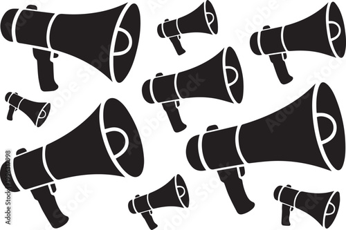 A collection of black megaphone icons on a white background for communication and announcement purposes Vector Art
