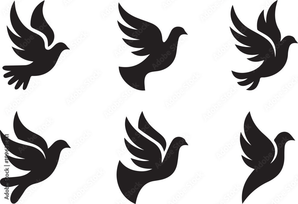 Fototapeta premium A set of black dove silhouettes flying in different directions on a white background