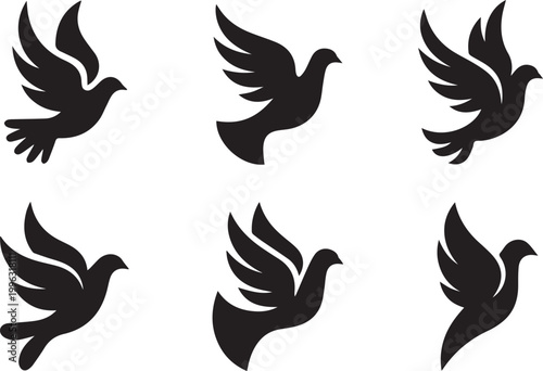 A set of black dove silhouettes flying in different directions on a white background