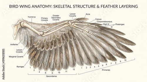 Bird Wing Anatomy Skeletal Structure Diagram.