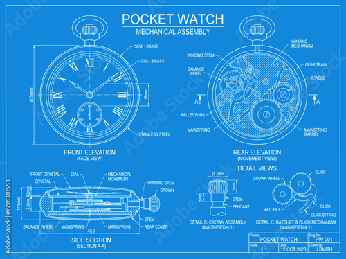 Mechanical Pocket Watch Technical Blueprint: Engineering Drawing with Gears, Movement, and Dimensions