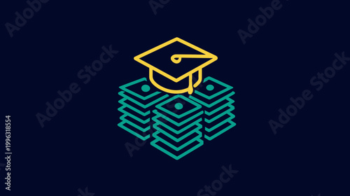 A stack of money supports a graduation cap on a dark blue background