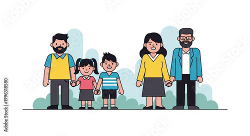 Cartoon family standing together smiling.