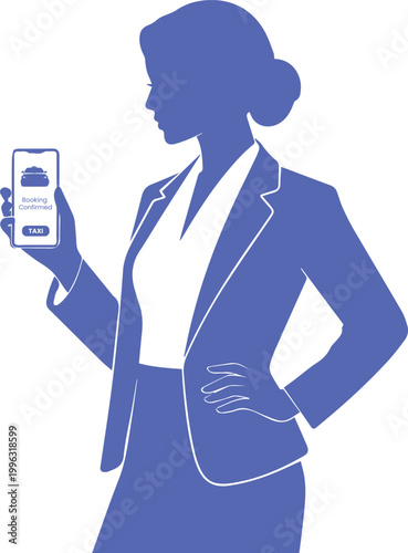 Businesswoman silhouette holding smartphone with confirmed taxi booking app notification