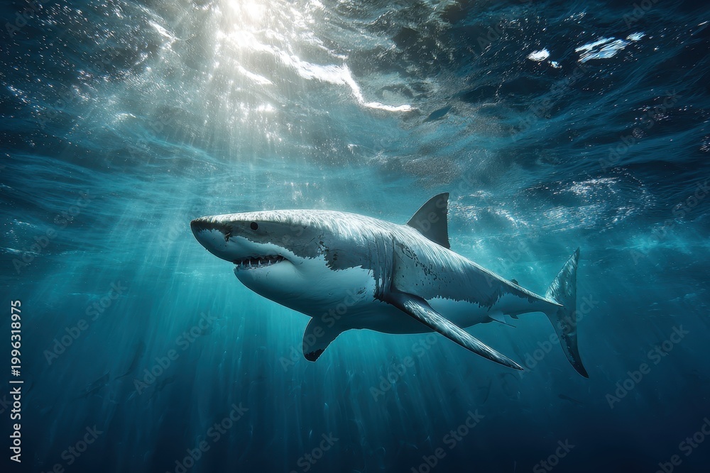 Fototapeta premium Mature great white shark patrolling shallow reefs, sunlit blue water and calm ocean scene