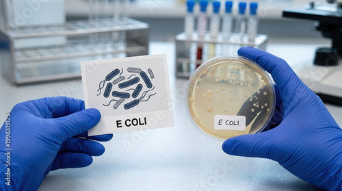 Gloved hand holding petri dish with bacterial colonies and gloved hand holding labeled illustration of bacteria, laboratory bench with test tubes and microscope background, clinical microbiology