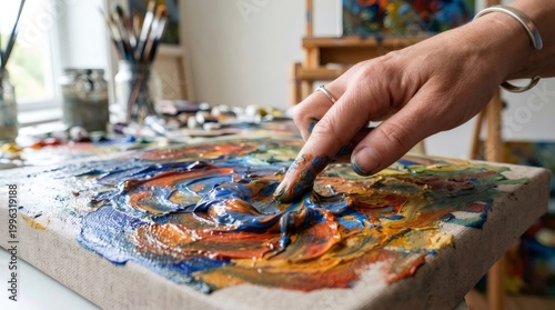 Artist hand finger painting creating abstract oil artwork