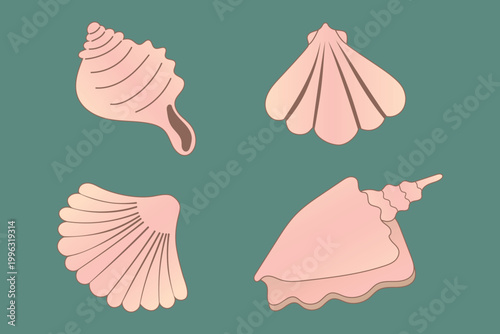 A collection of four stylized seashells, including scallops and twisted sea snail shells. Minimalistic flat design in soft pink tones. Perfect for summer decor, cosmetic packaging, or nautical themes.