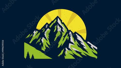 Stylized mountain range with a rising sun and evergreens on a dark blue background
