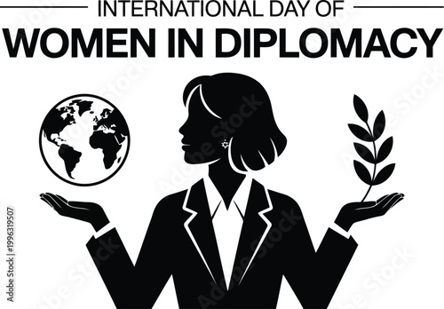 Female professional representative celebrating international day of women in diplomacy with earth globe and laurel branch