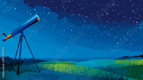 A stylized illustration of a telescope overlooking a landscape under a starry night sky