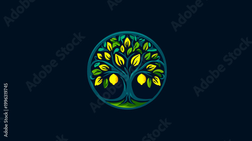 Stylized tree design, oval shape, lush leaves, and ripe fruit, on a dark blue background