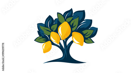 A stylized illustration of a tree bearing yellow fruit among green and blue leaves against white