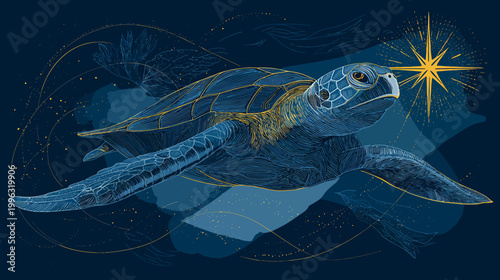 Digitally created illustration depicts a sea turtle swimming towards a bright star in an abstract night sky