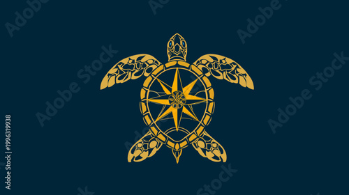 A golden stylized turtle with a compass rose shell on a deep blue background