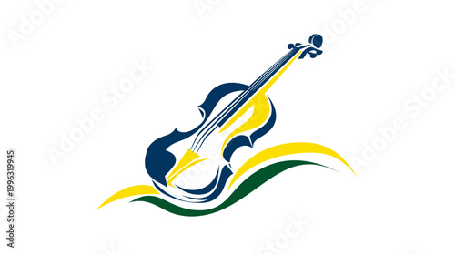 A stylized violin illustration with flowing lines in yellow, dark blue, and green on a white background