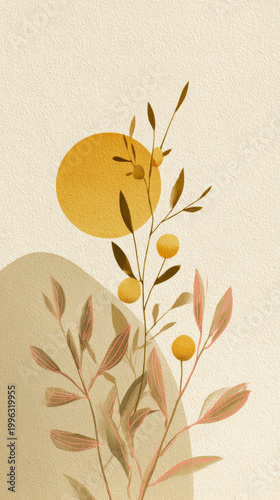 Abstract illustration featuring delicate leaves and round fruits against a soft background with a warm sun, creating a serene and harmonious natural atmosphere