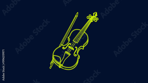 A neon outline of a violin and bow on a navy background, angled composition for visual appeal
