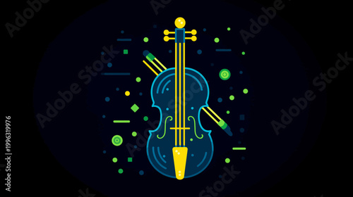 A vectorized illustration of a string instrument with a bow against a dark blue background