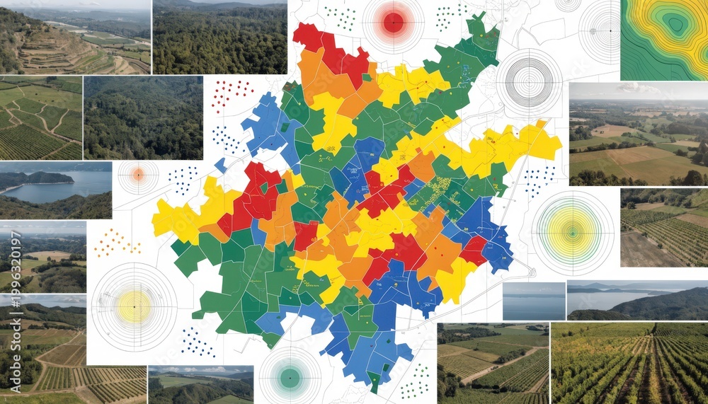 Detailed view of soil maps on a workspace highlighting mixed agricultural and forested property zones surrounded by gently blurred aerial photographs and contour charts.