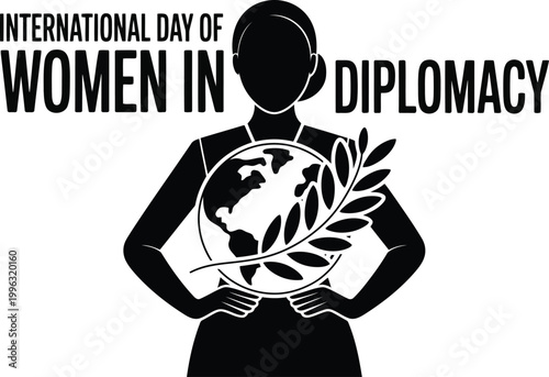 Graphic celebration for International Day of Women in Diplomacy with woman holding world globe and branch