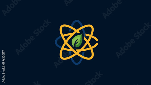 A stylized symbol combining an atom's orbitals with a leaf at its center, set against a dark blue background