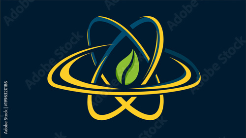 A stylized design featuring an atom-like structure with a green leaf at the center