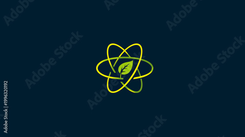 A stylized symbol depicting a leaf within orbiting rings, set against a dark blue background